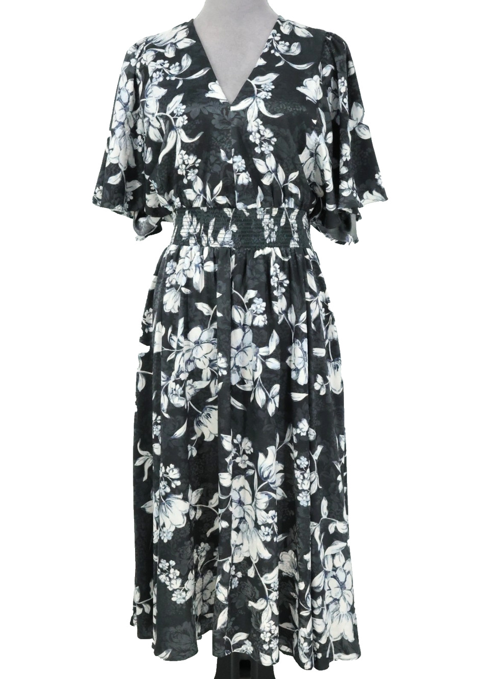 Calvin Klein Dress Womens 10 Gray White Floral Satin Smocked Waist Maxi Career